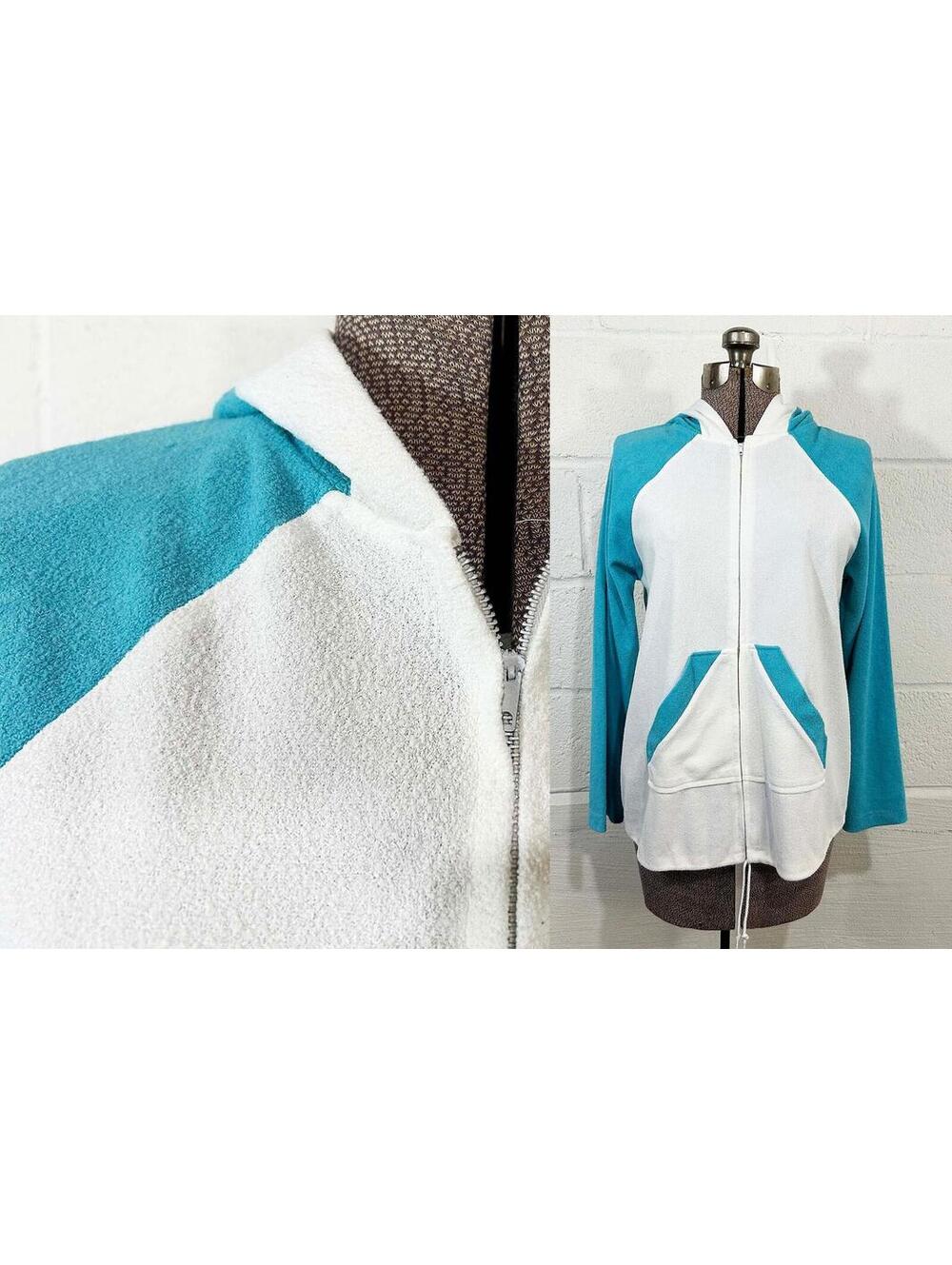 Terry Cloth Hooded Jacket 1960s White & Blue Swim Coverup